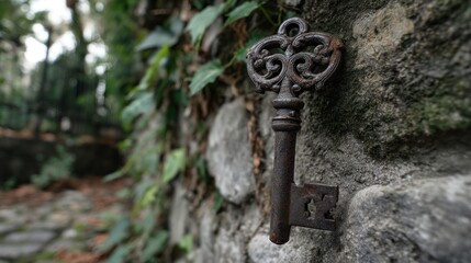 Ornate antique key on stone wall
