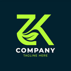 ZK letter green leaf logo design