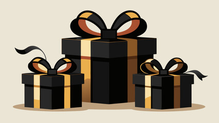 Three black gift boxes with golden ribbons and bows arranged in a festive presentation design
