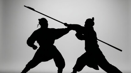 Chinese Wushu duel, silhouette of characters