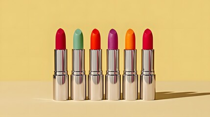 Obraz premium Colorful lipstick tubes arranged in a row against a light yellow background.