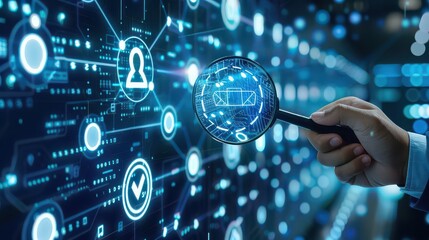 Hand holding magnifying glass over digital network with user icon and checkmark symbols