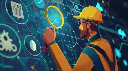 Man in yellow hard hat inspecting digital interface with magnifying glass and various icons displayed