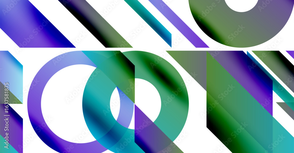 Poster abstract composition featuring overlapping geometric shapes. vivid blue, green hues create dynamic v