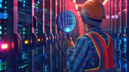 Engineer inspecting server room with magnifying glass wearing hard hat and safety vest in data center