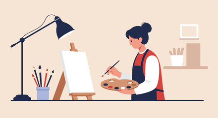 Woman in apron paints on a blank canvas, holding brush and palette of paint