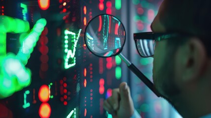 A man examining a screen with glowing data using a magnifying glass and wearing glasses