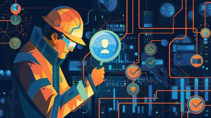 Man in hard hat examining data with magnifying glass against a complex network background design