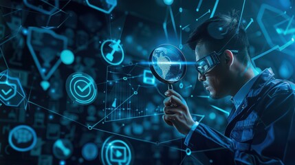 Man in vr glasses examines digital world map with magnifying glass amidst glowing icons and network lines