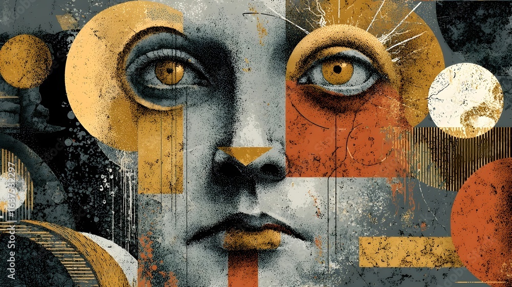 Poster a striking and captivating abstract portrait featuring a face with bold emotive features and surreal