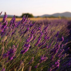 Obraz premium Vibrant Lavender Field at Sunset with Purple Blooms and Mountain Backdrop - Romantic Landscape Photography