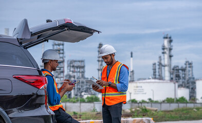 Engineers wear uniform standing near the vehicle hand holding document show, survey inspection work plant site use tablet see detail of work with oil refinery background.	