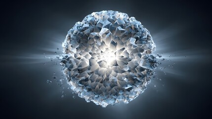 Shattered sphere explosion in a dark background.