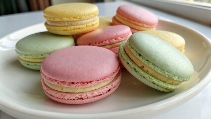 Fototapeta premium Colorful Macarons on a White Plate by a Sunlit Window