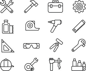 Fototapeta premium Set of Construction Tools Line Art Icons Featuring Wrench Hammer Toolbox Gear Safety Goggles and More Construction Industry Concepts
