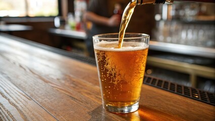 Crisp Golden Beer Pouring into a Glass on Rustic Bar Surface