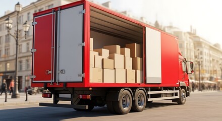 Red delivery truck loaded with cardboard boxes on city street.