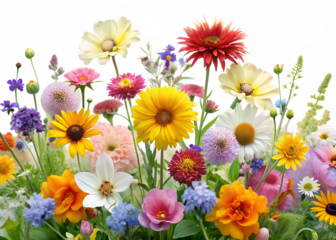 Flower Photo Overlay, grass summer spring flowers isolated on white background PNG.AI Generated.