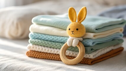 Stack of baby clothes with and Closeup of a stack of soft pastel baby blankets with a cute knitted bunny rattle on top, creating a cozy and comforting scene for newborns