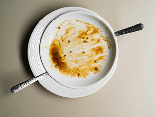 Dirty plate top view background, finished eat dinner in restautant, abstract textuer stain smearing...