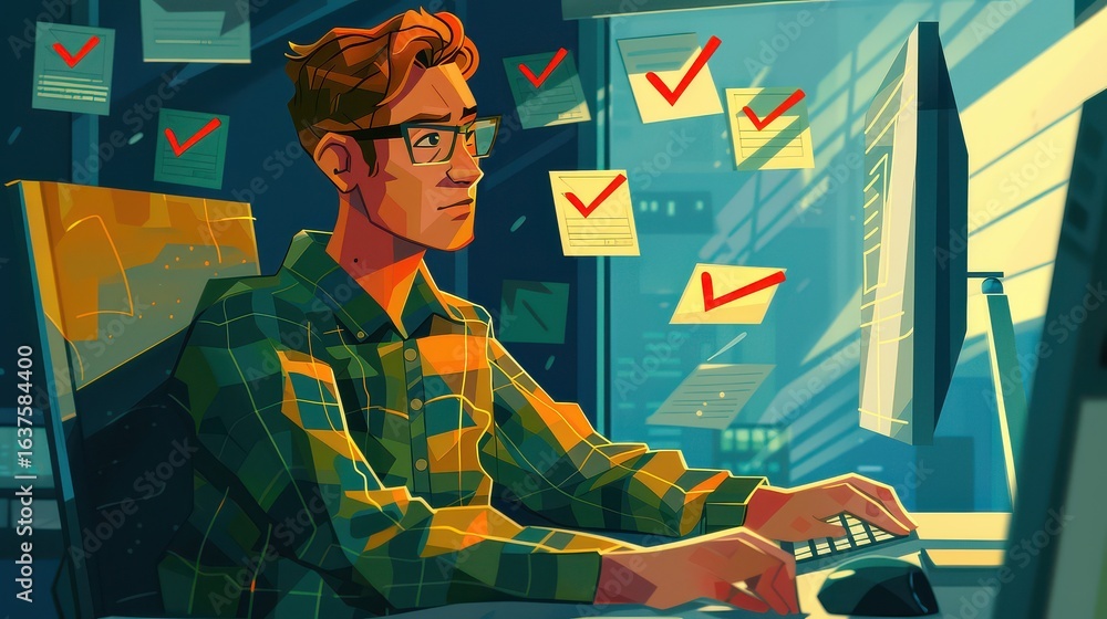 Fototapete man with glasses working at computer with tasks completed and marked with red check marks around him