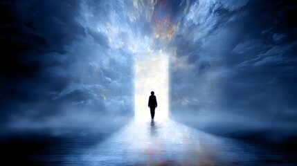 Silhouette of a person walking through a luminous gateway.