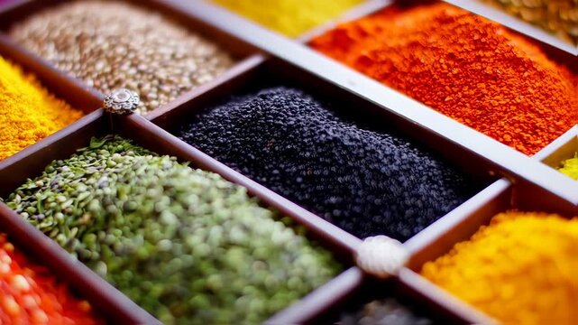 Vibrant Spice Assortment Displayed in Compartments, Close-Up Macro View