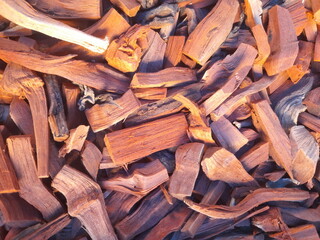 A loosely gathered pile of wood shavings is shown, made up of thin, curled pieces in light beige and tan tones	