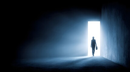 Obraz premium Silhouette of a person walking towards a bright doorway.