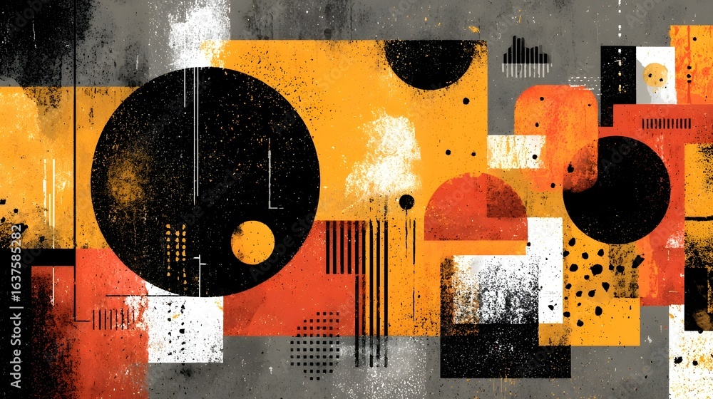 Poster a visually striking abstract artwork featuring a dynamic composition of bold geometric shapes patter