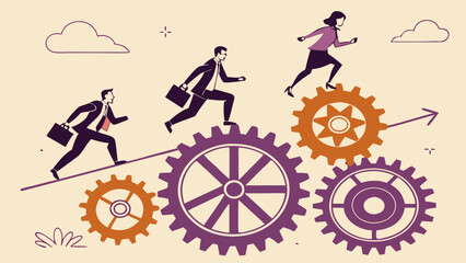 Obraz premium Business People Running on Gears Towards Success Illustration.