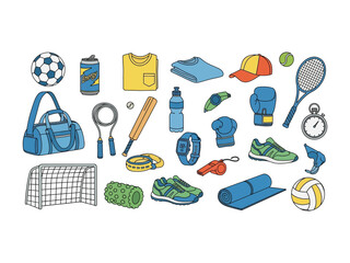 Assortment of Fitness Essentials: A collection of hand-drawn sports and fitness equipment, including a football, water bottle, running shoes and more, ready for activity and exercise.