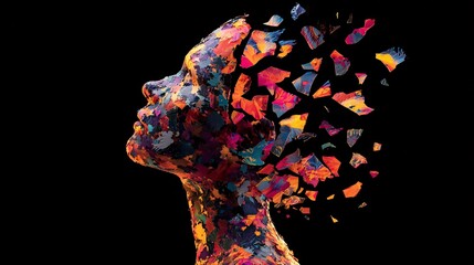  shattered pieces breaking apart in vibrant colors, symbolizing the fragmentation of scattered dreams, fleeting thoughts, and lost hopes