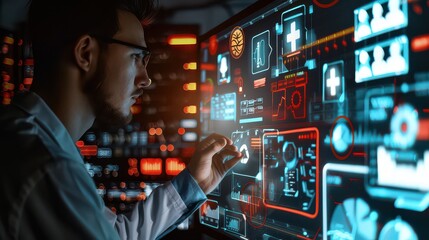 Man in lab coat interacting with a large digital screen displaying medical data and visualizations