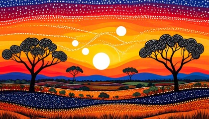 Vibrant sunset landscape with stylized trees and celestial bodies