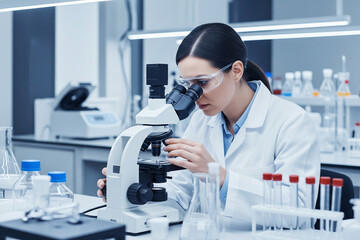 Focused Female Scientist in Lab Coat and Goggles Operating Microscope for Detailed Research