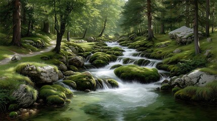 Obraz premium Forest Stream with Mossy Rocks, Lush Green Landscape Art