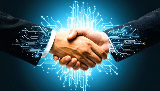 handshake isolated on white background, Handshake between two businesspeople overlaid with digital network connections symbolizing partnership
