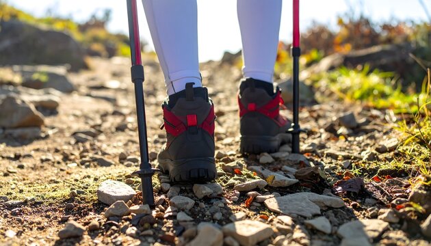 Hiking boots on rocky trail with trekking poles: outdoor adventure and fitness equipment