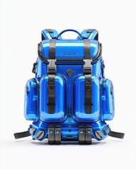 Naklejka premium Vibrant blue backpack, glossy finish, functional compartments
