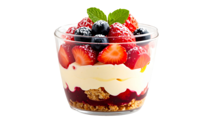 Creamy Fruit trifle in bowl isolated on transparent background. Png