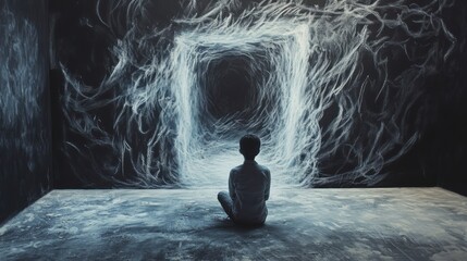 Person meditating in abstract chalk art room