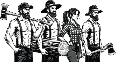 Lumberjack team illustration, woodcutter characters, strong men and woman, vintage style, axe, log, forest workers, retro lumber scene, black and white artwork