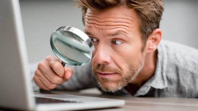 Man examines laptop screen closely with a magnifying glass revealing details and curiosity in a focused moment