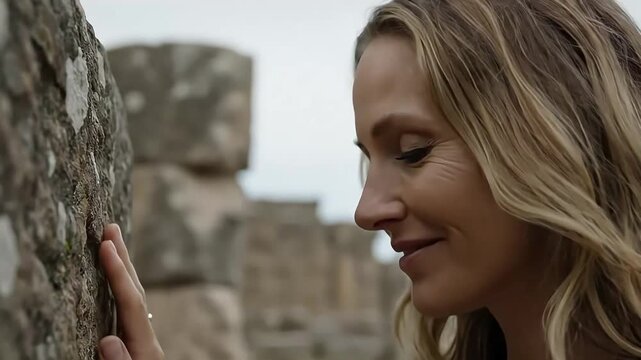 Woman Touching Ancient Stone Wall at Historic Site