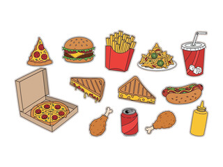 Culinary Collection: A colorful collection of classic fast food, illustrated in vibrant detail. The collection includes a pizza, burger, fries, nachos, soda, a sandwich, a hotdog.