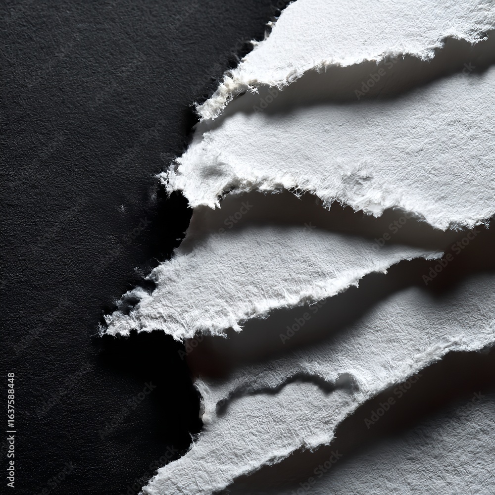 Poster a close up view of torn white paper edges against a dark background showing texture and contrast det
