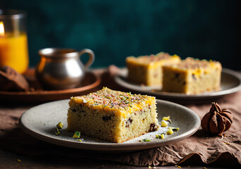 Barfi cake serving in white plate
