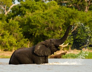 Fototapeta premium A majestic elephant stands in a body of water, playfully spraying water from its trunk against a lush green forest backdrop.
