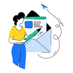 Illustrated Woman Composing Email with Pen, Sending Message with Arrow Icon.